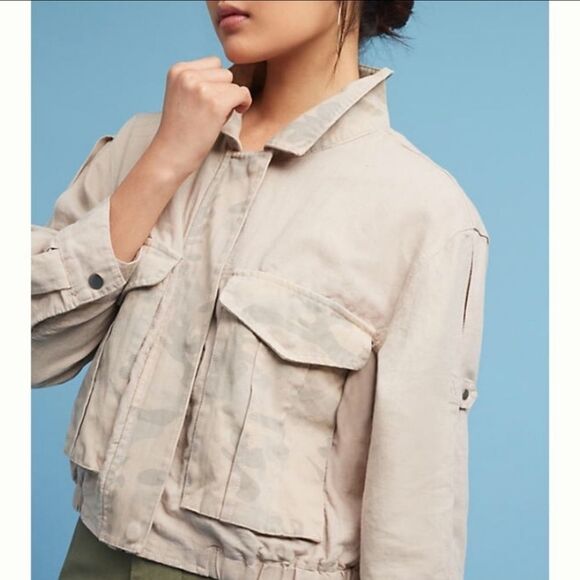 Anthropologie HEI HEI Khaki Camo Linen Cropped Jacket L - Picture 2 of 10